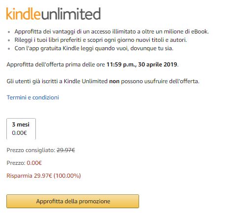 Offerta 3 mesi Amazon Kindle Unlimited
