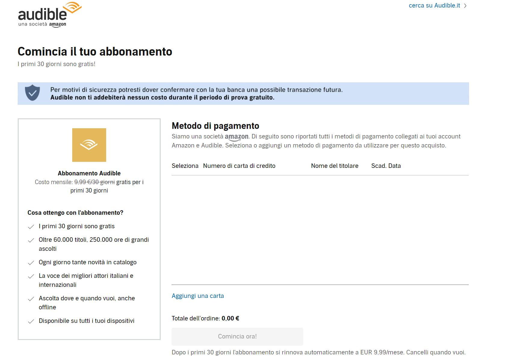 Registrarsi alla prova gratuita di Audible