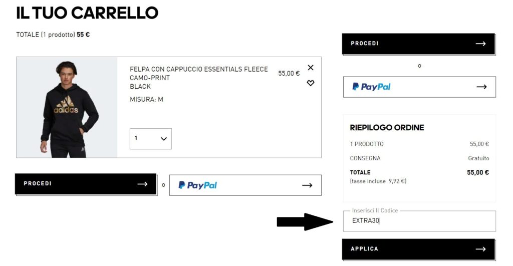 Inserimento codice sconto EXTRA30 nello spazio