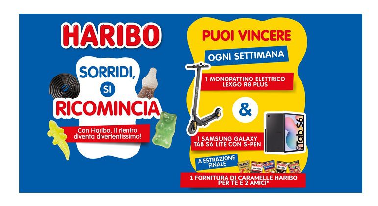 Concorso Haribo “Sorridi, si ricomincia”: vinci monopattini, tablet Samsung e caramelle