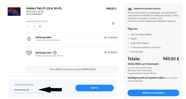 200€ di sconto sull'acquisto del Galaxy Tab S7