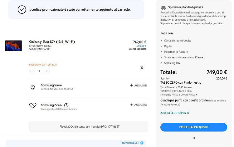 Applica il codice PROMOTABLET per ottenere i 200€ di sconto su Galaxy Tab S7