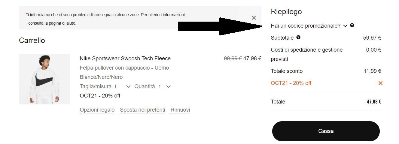 Sconto extra Nike applicazione codice OCT21