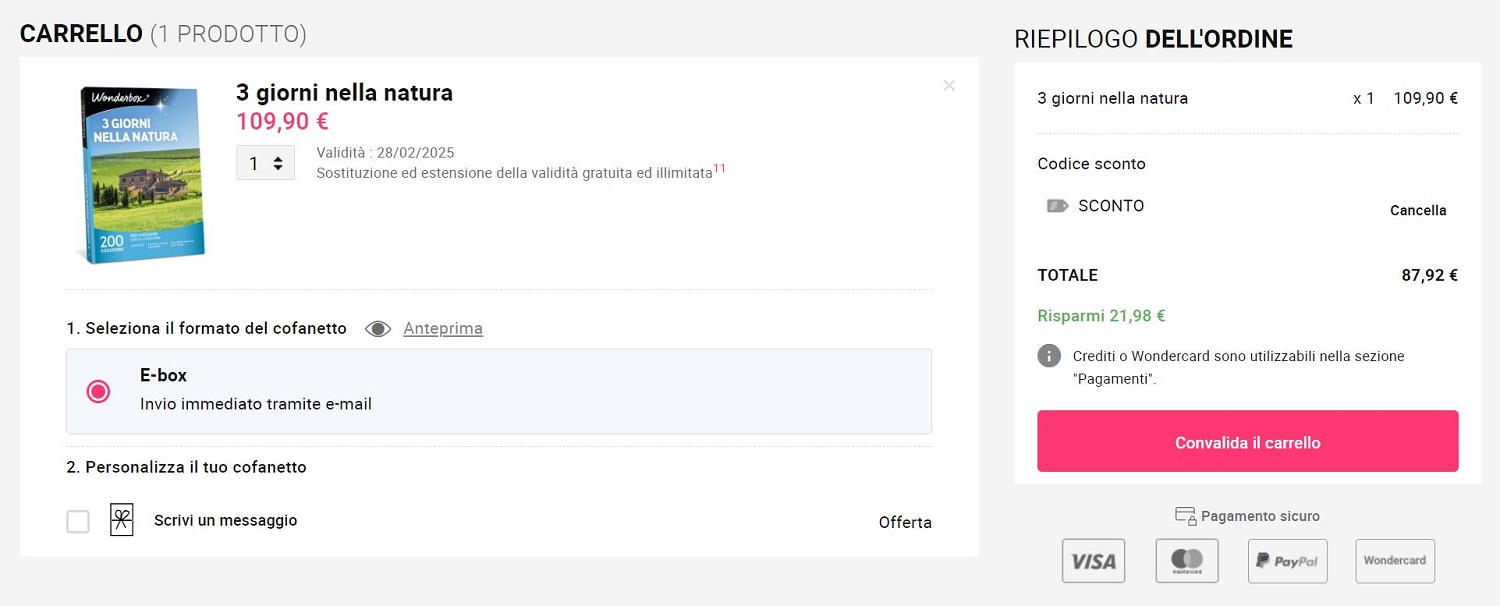 Applicazione coupon acquisto cofanetto Wonderbox