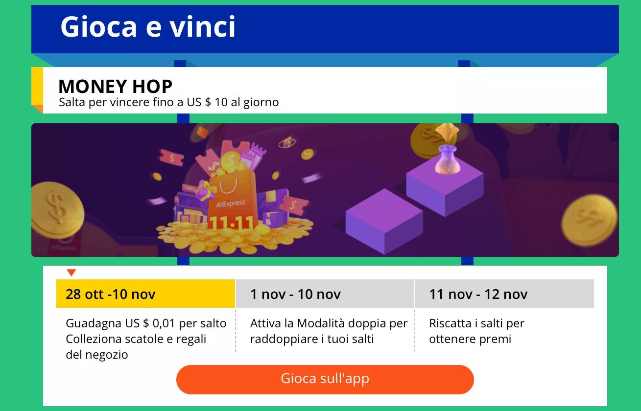 Gioco Money Hop, guadagna monete che potrai trasformare in buoni sconto durante l'11.11