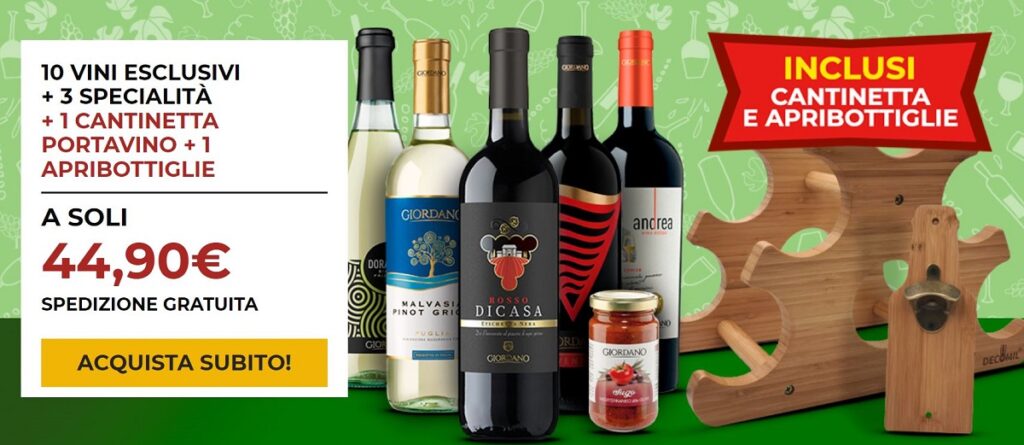 Passione vino, nuova promozione Giordano Vini: a soli 43,90€ puoi ricevere 10 vini + 3 specialità + 1 cantinetta portavino e 1 apribottiglie incluso nel prezzo