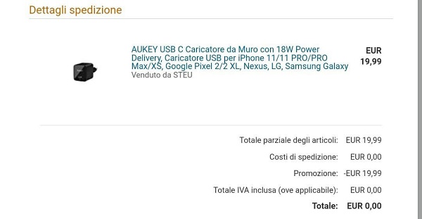 Esempio errore di prezzo: caricabatterie Aukey acquistato gratis