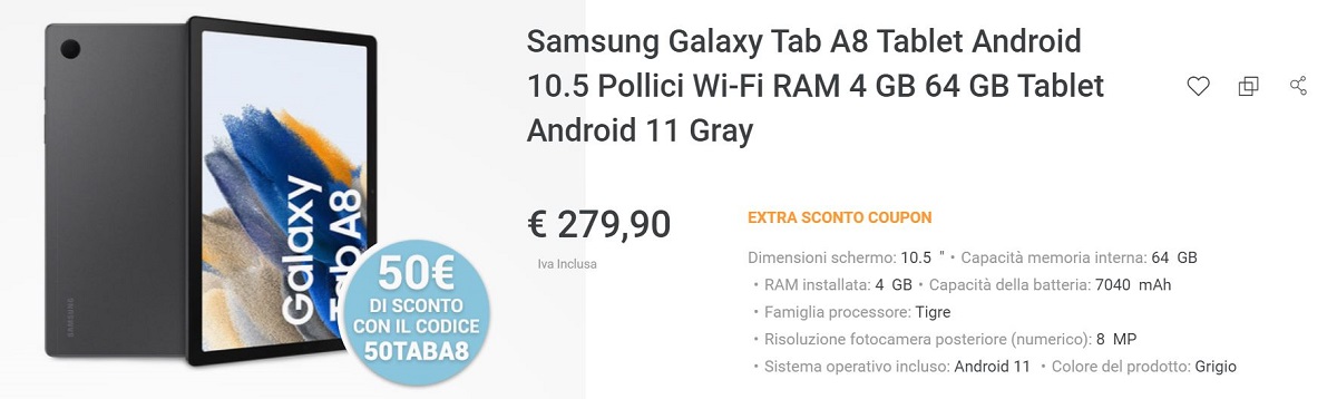 Il Vero fuoritutto, offerta Galaxy Tab A8 con coupon 50 euro