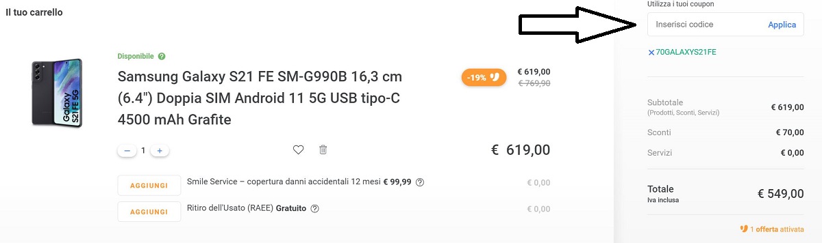 Applicazione codice sconto Unieuro
