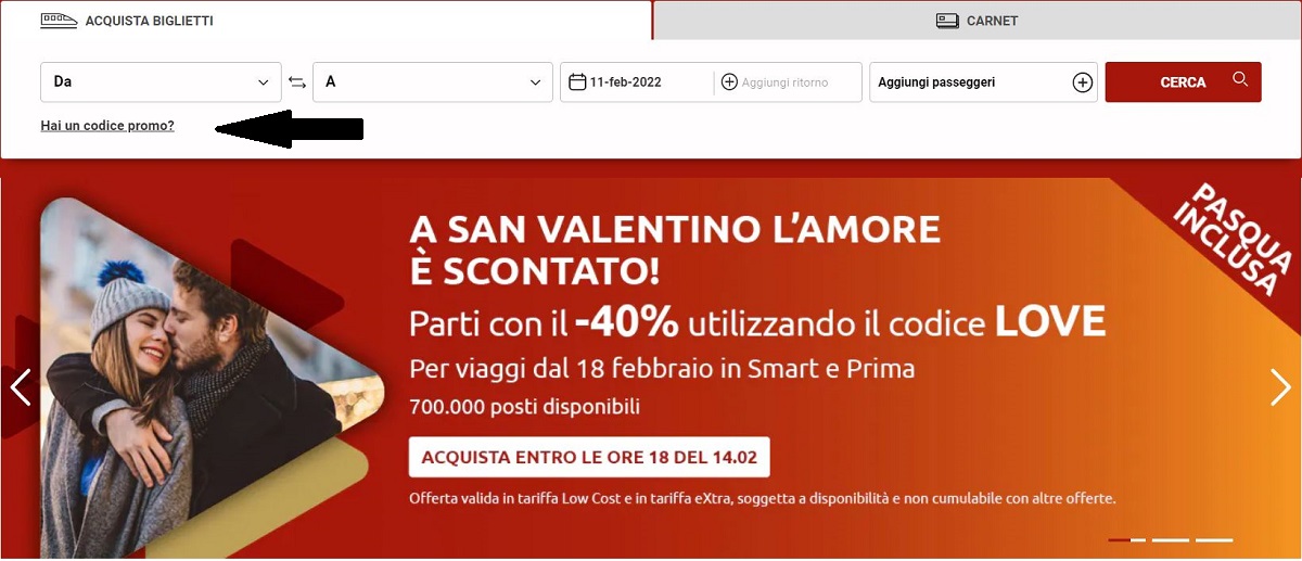 Inserire codice sconto Italo Treno offerta San Valentino