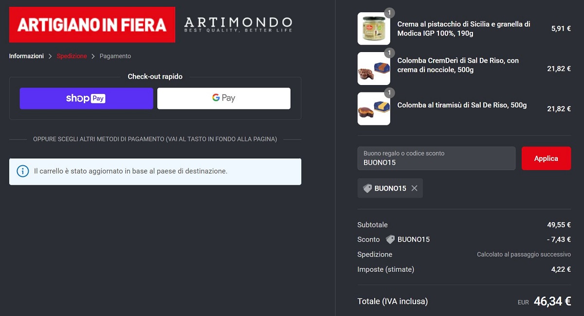 Inserimento codice sconto sito Artigiano in fiera