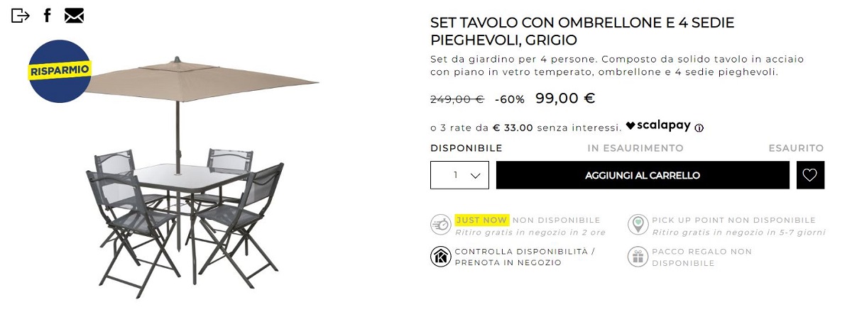 Set tavolo con ombrellone in offerta su Kasanova