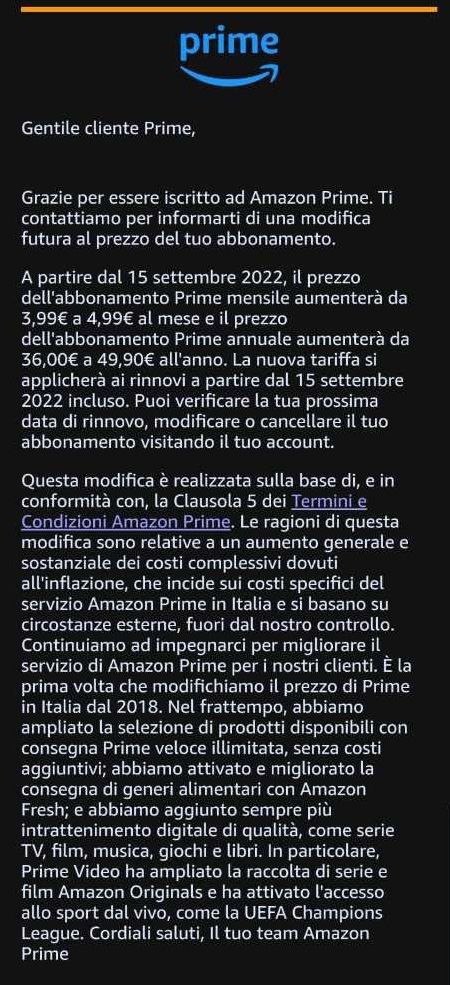 Mail rincaro Amazon Prime