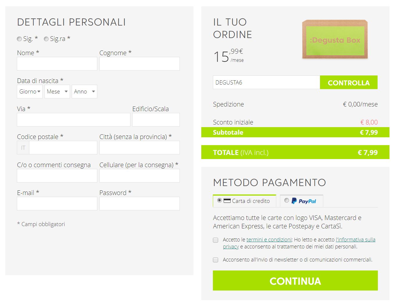 Inserimento codice sconto prima degustabox