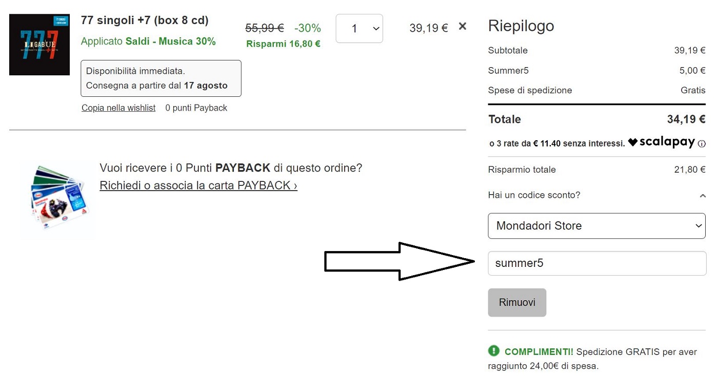 inserimento coupo summer5 su sito mondadori