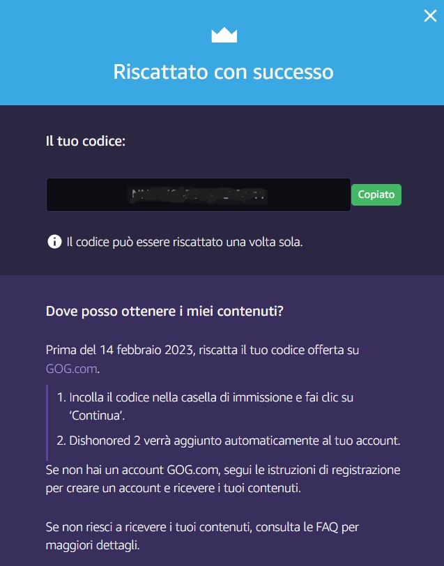 Dishonored codice riscattato Amazon prime Gaming