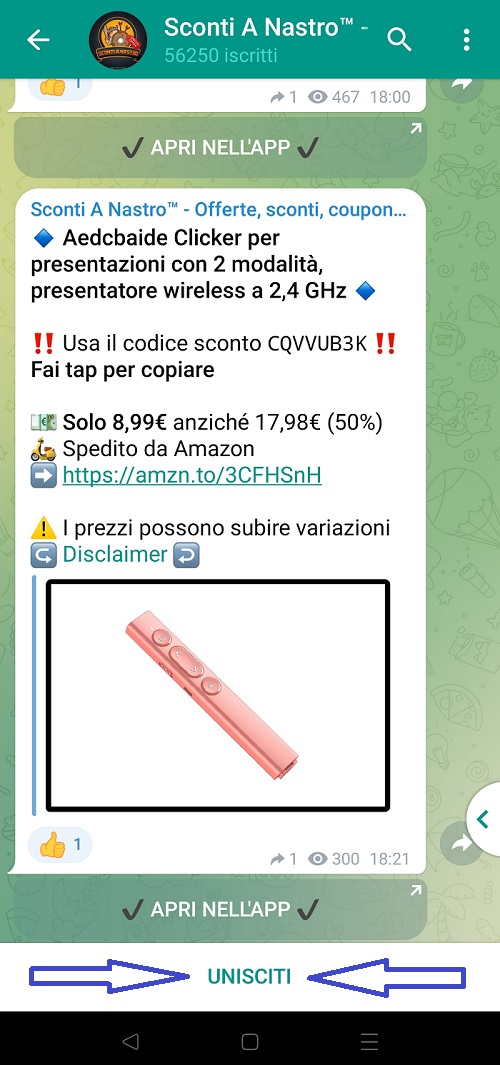 Come unirsi al canale Sconti A Nastro su Telegram