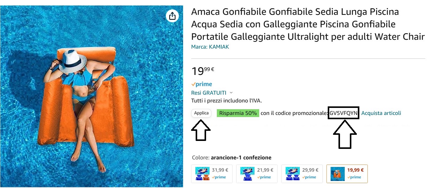 Esempio codice sconto sulla pagina del prodotto Amazon