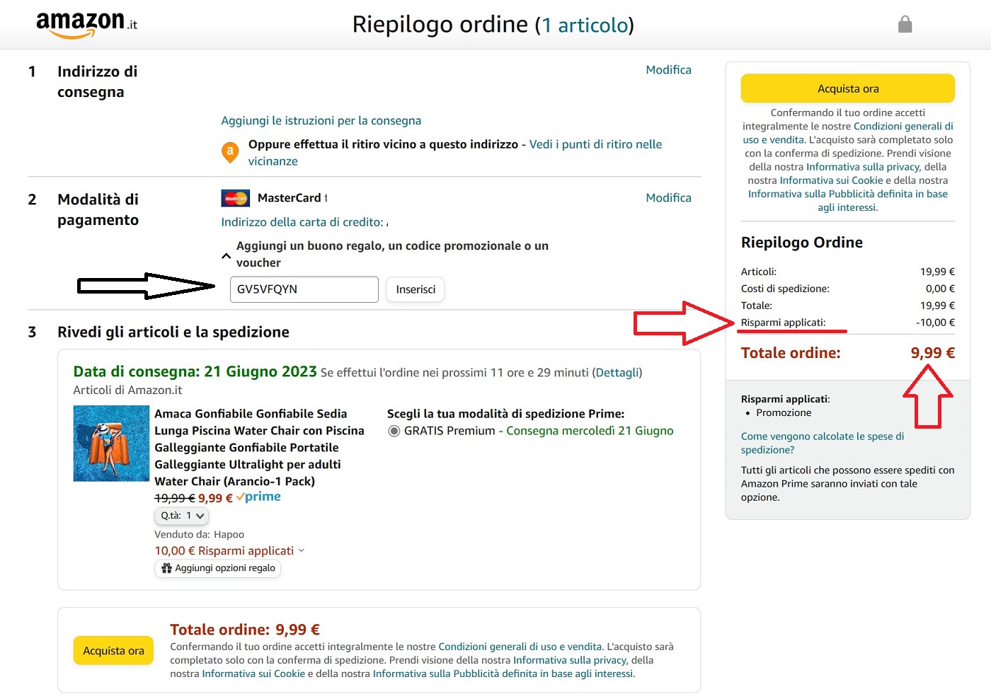 Riepilogo ordine, come applicare il codice sconto su Amazon