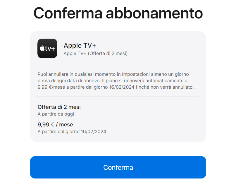 Conferma abbonamento - 2 mesi gratis di Apple TV+