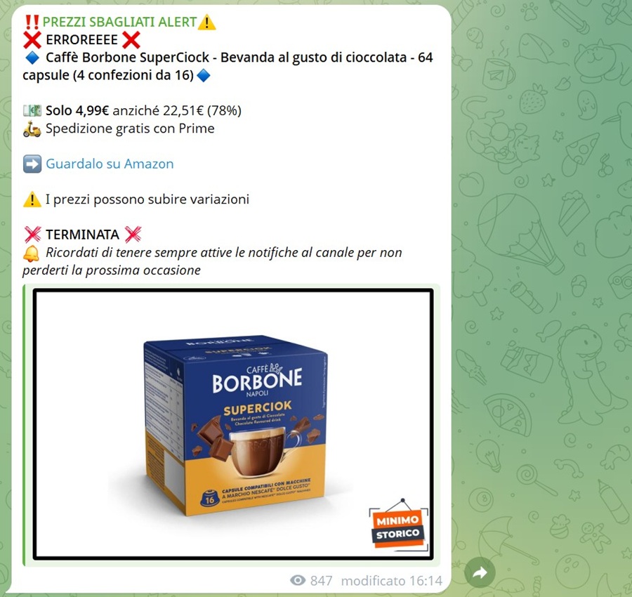 Capsule Borbone in errore di prezzo sul canale Telegram Sconti a Nastro