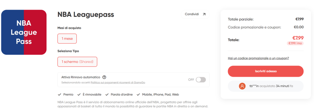 NBA League Pass su GamsGo