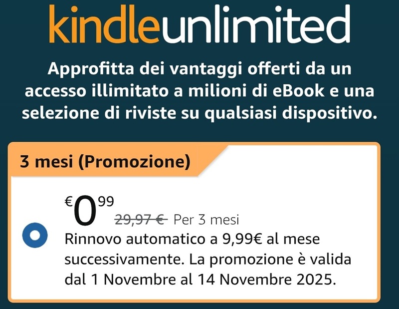 Kindle Unlimited 3 mesi a 0,99cent
