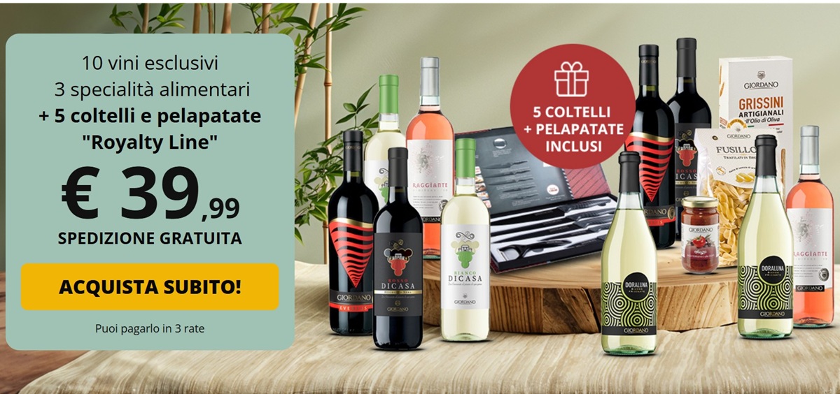 10 vini esclusivi, 3 specialità alimentari + 5 coltelli e pelapatate "Royalty Line"