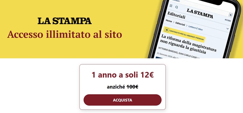 Offerta La Stampa 12€ per 1 anno