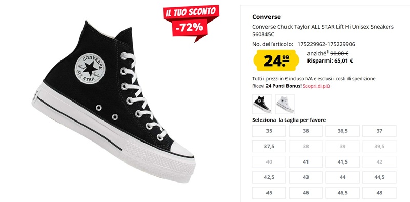 Converse Chuck Taylor All Star Lift Hi a 24,99€: sconto -72%