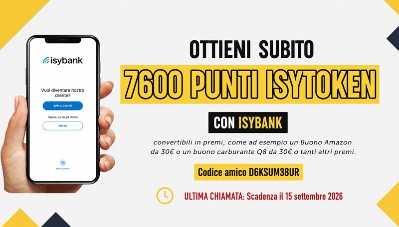 Con isybank isyToken accumuli punti e riscatti buoni Amazon, gift card e persino un iPhone. Scopri come attivare il piano e guadagnare 7.600 token subito.